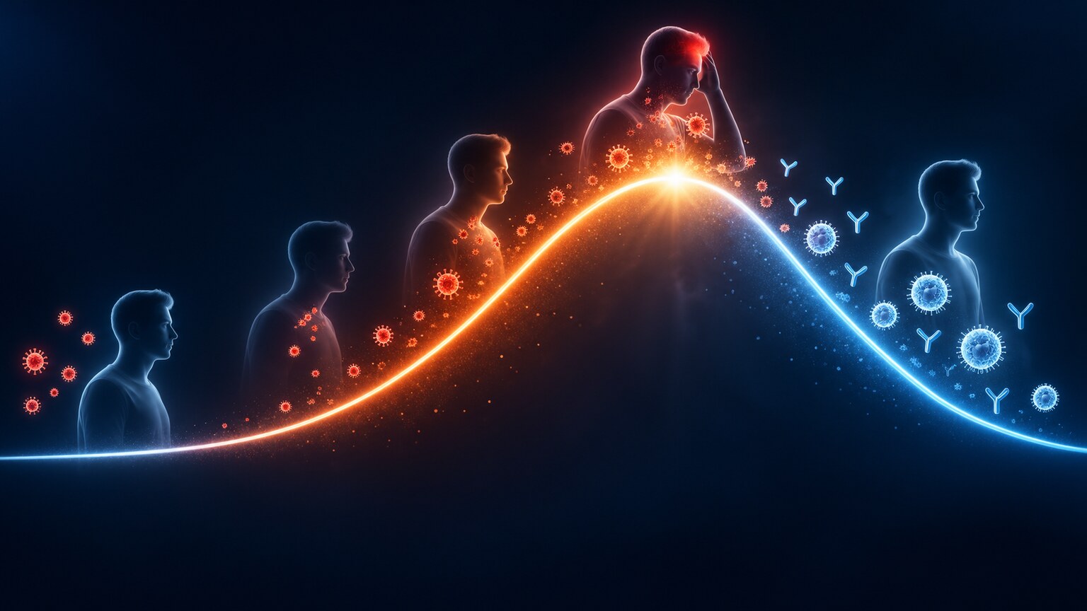 Timeline illustration showing viral load rising, peaking, and declining over the course of a typical infection