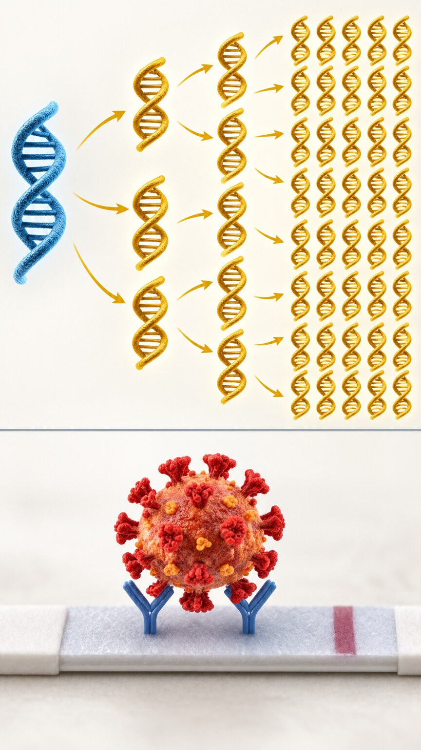 Scientific illustration comparing PCR genetic amplification with direct antigen protein detection