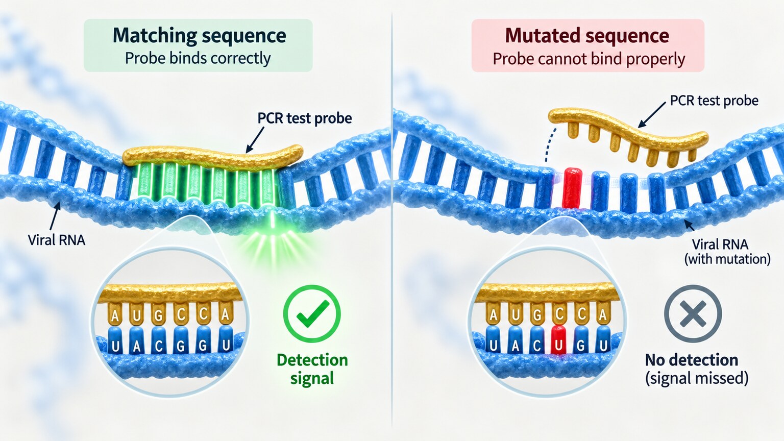 Scientific illustration of a viral genetic mutation preventing a PCR test probe from binding to its target sequence