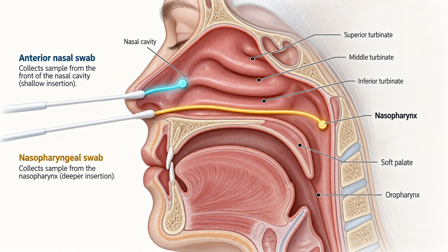 Cross-section anatomical illustration comparing the nasopharyngeal swab site with the shallower anterior nasal swab site