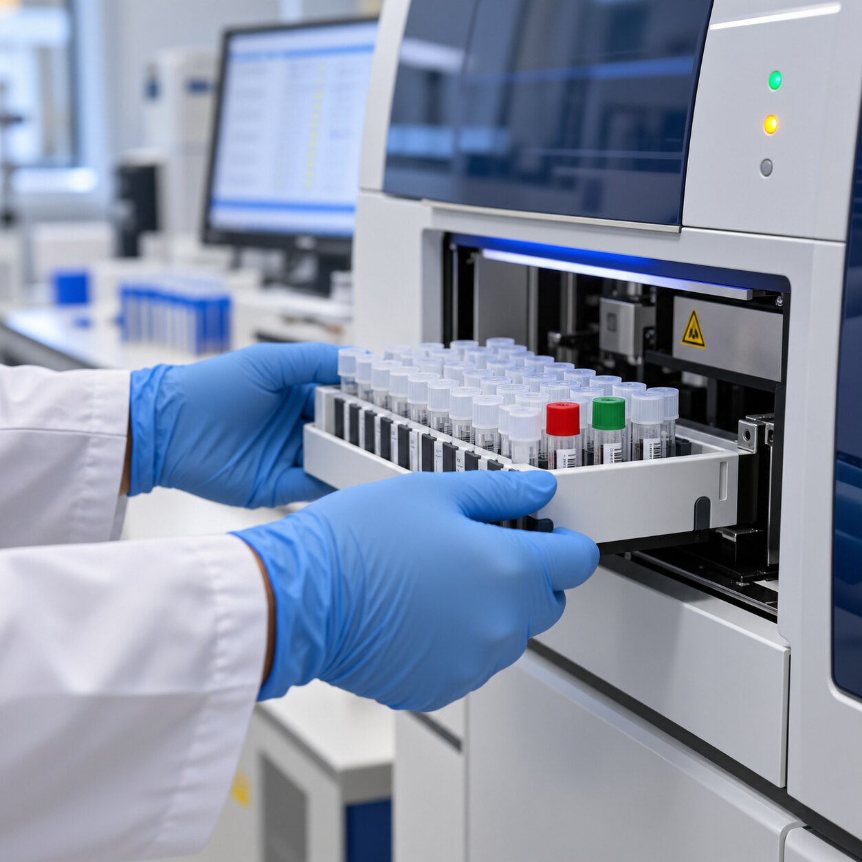 Laboratory technician running known-result quality control samples alongside patient specimens on an automated analyzer