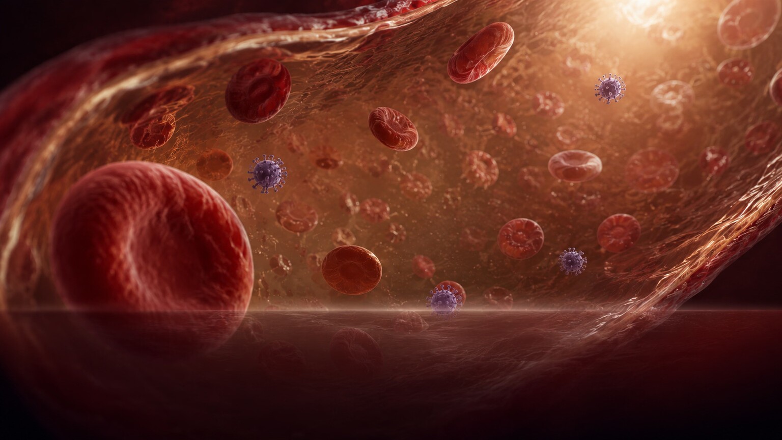 Scientific illustration of sparse virus particles in blood plasma near the technical detection threshold of a viral load assay