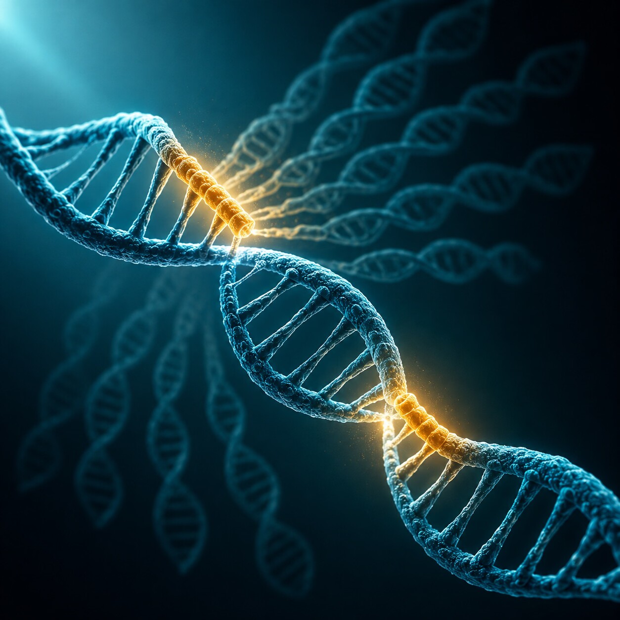 Close-up scientific illustration of PCR primers binding to a strand of viral genetic material during amplification