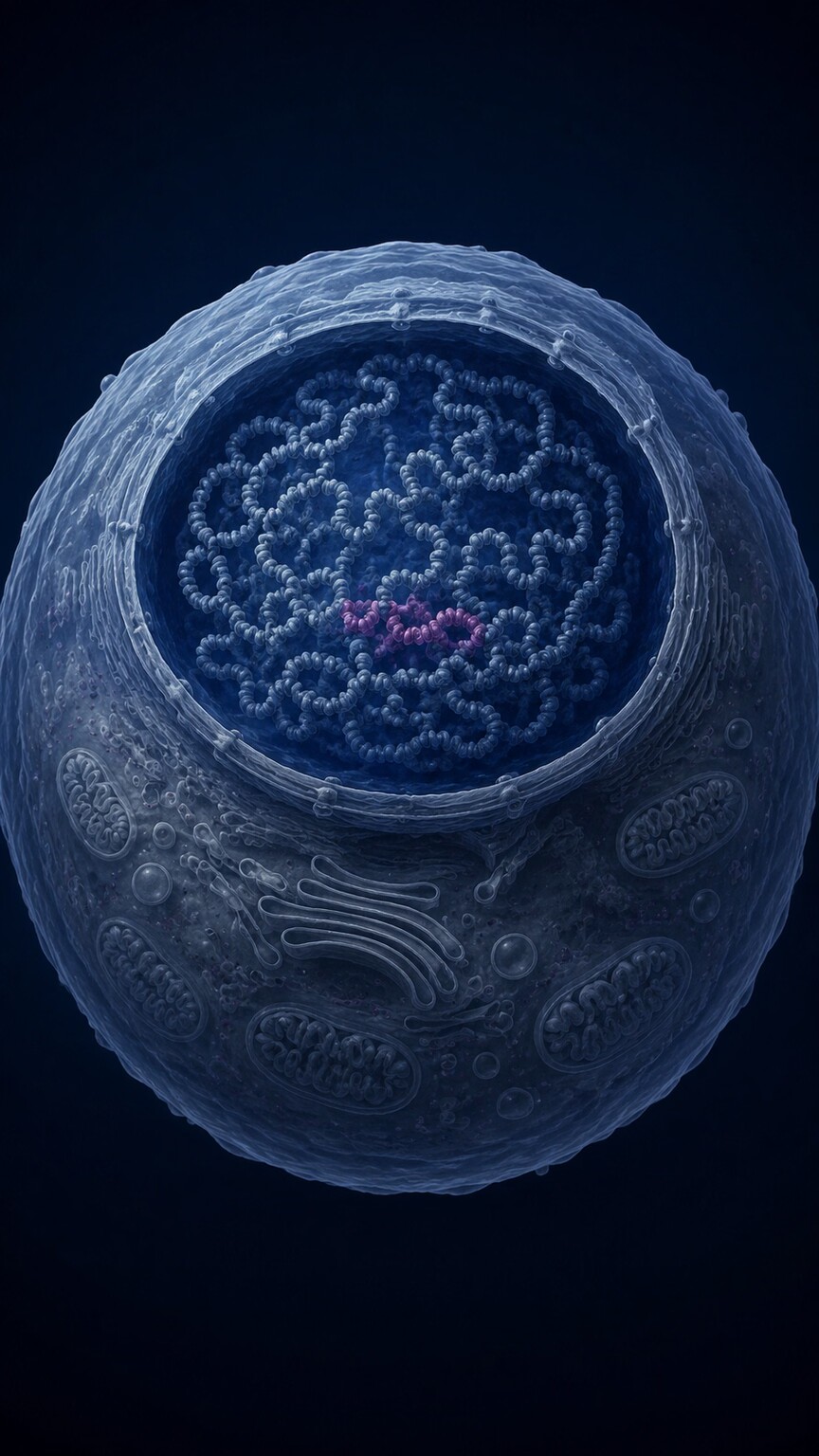 Scientific illustration of HIV genetic material integrated and dormant inside the nucleus of a resting CD4 T-cell