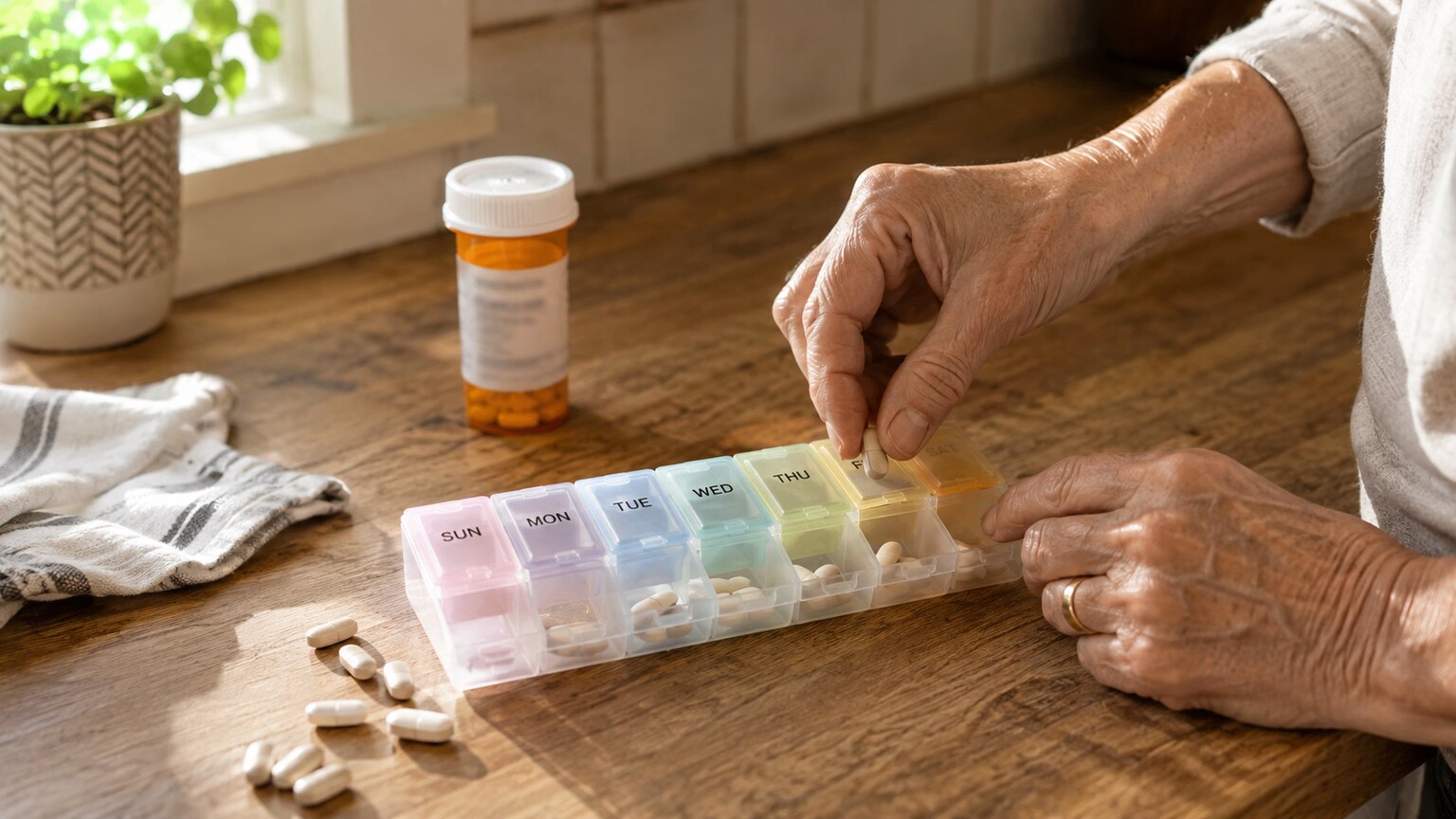 Person filling a weekly pill organizer with daily antiretroviral medication doses at a kitchen counter