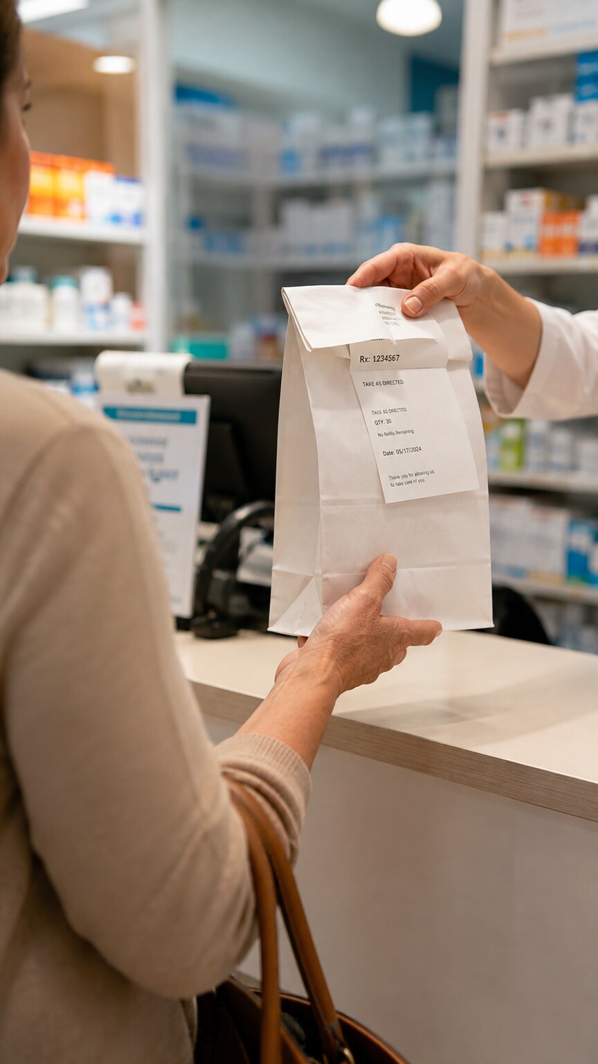 Person picking up a prescription bag of antiretroviral medication at a pharmacy counter