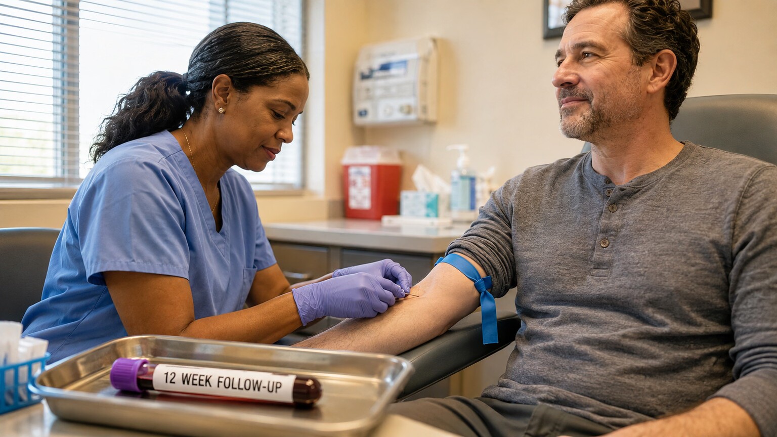 Phlebotomist drawing blood for a hepatitis C sustained virologic response test twelve weeks after completing antiviral treatment