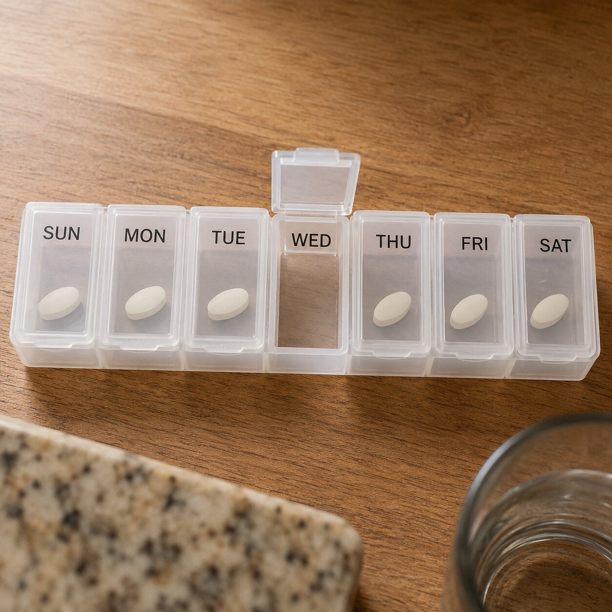 Close-up of a weekly pill organizer with one empty compartment where a daily antiretroviral dose was missed
