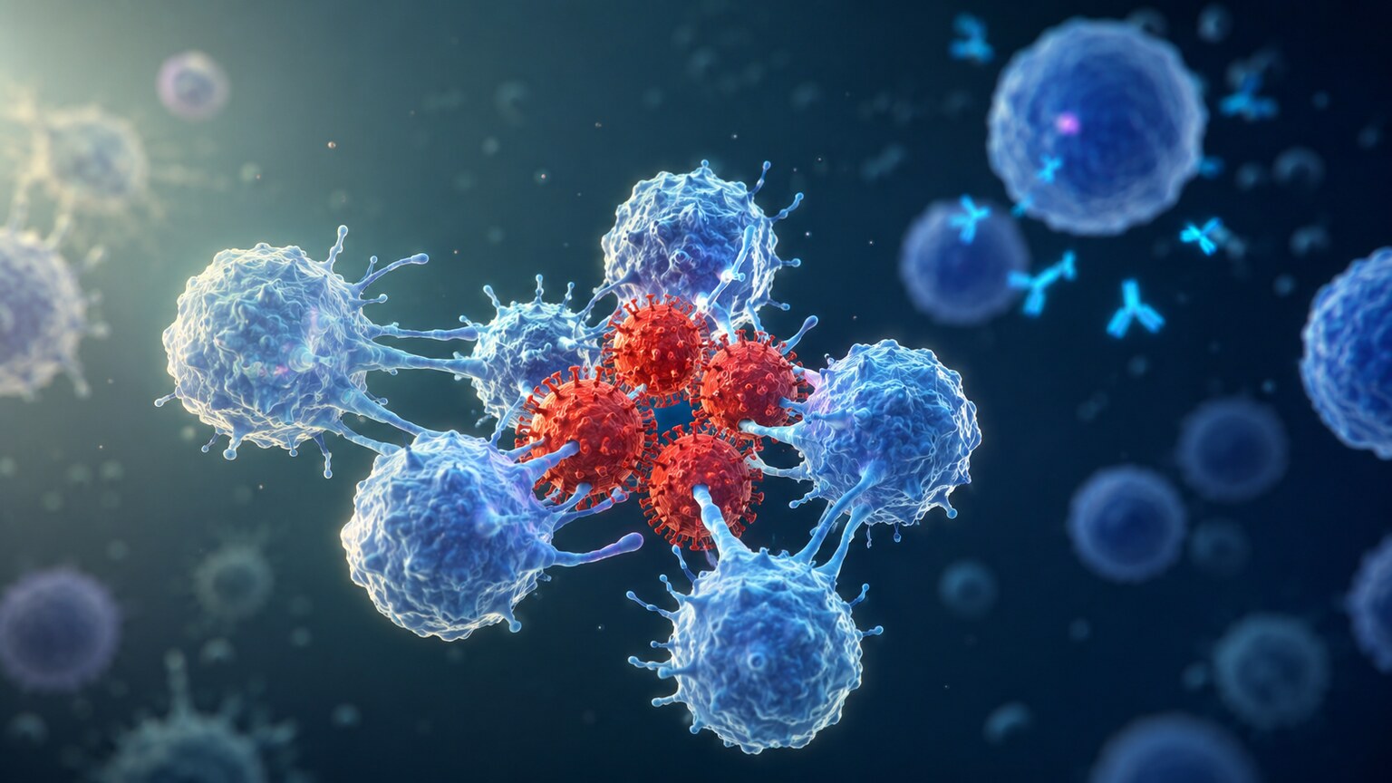 Scientific illustration of immune cells neutralizing virus particles at a low level before symptoms would ever become noticeable