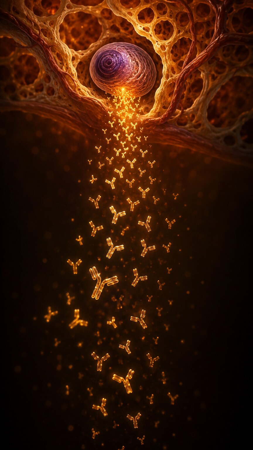 Scientific illustration of a long-lived plasma cell continuing to produce IgG antibody molecules years after an original infection has cleared