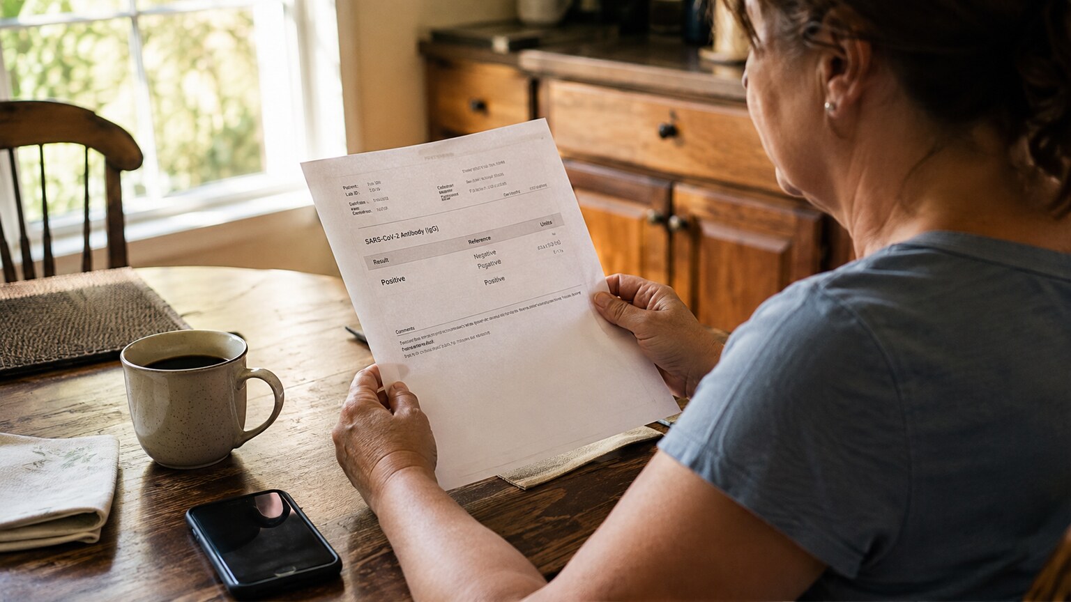 A person at a kitchen table reviewing a printed lab report showing a positive antibody test result