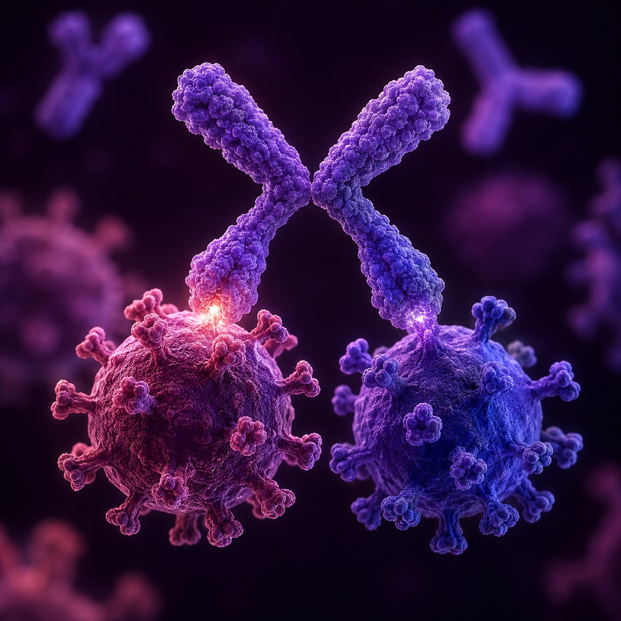 Scientific illustration of an antibody shaped for one virus loosely binding to a structurally similar protein from a different, related virus
