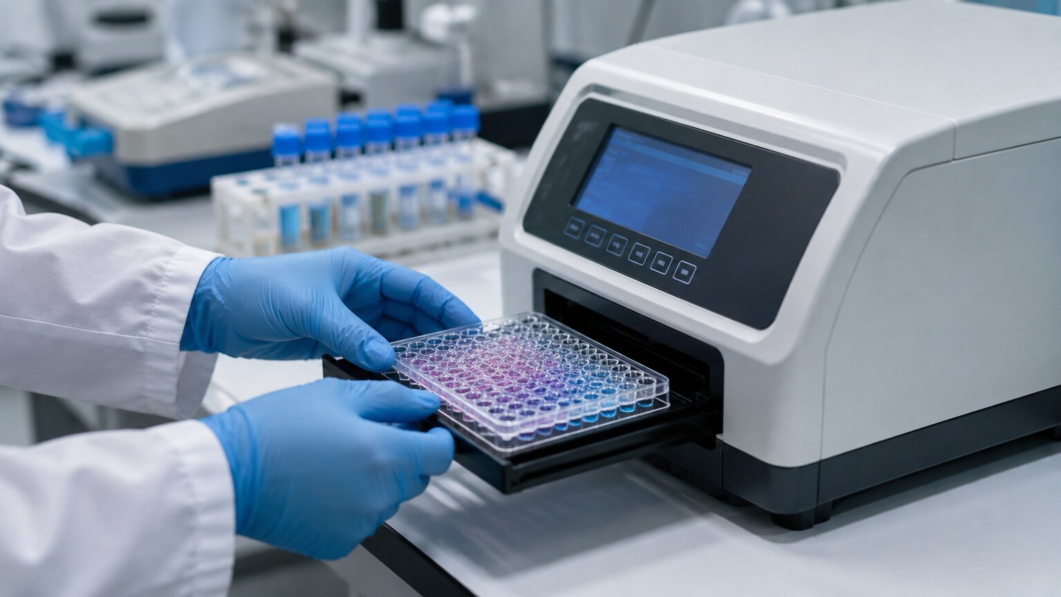 Laboratory technician loading a multi-well ELISA plate into an automated plate reader used to measure antibody binding