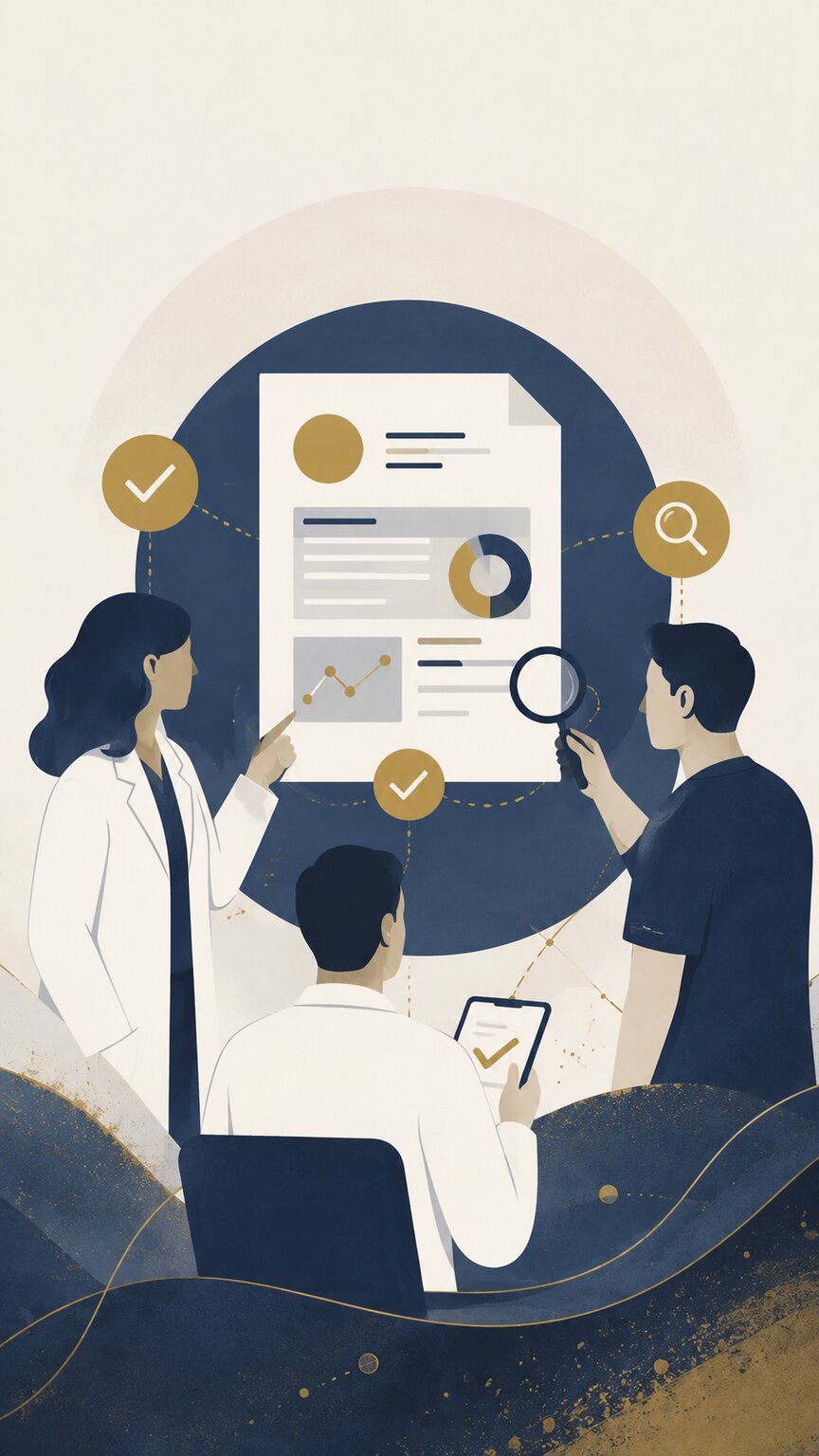 Editorial illustration of a small clinical review team of several people checking and annotating an AI-generated report before it is released