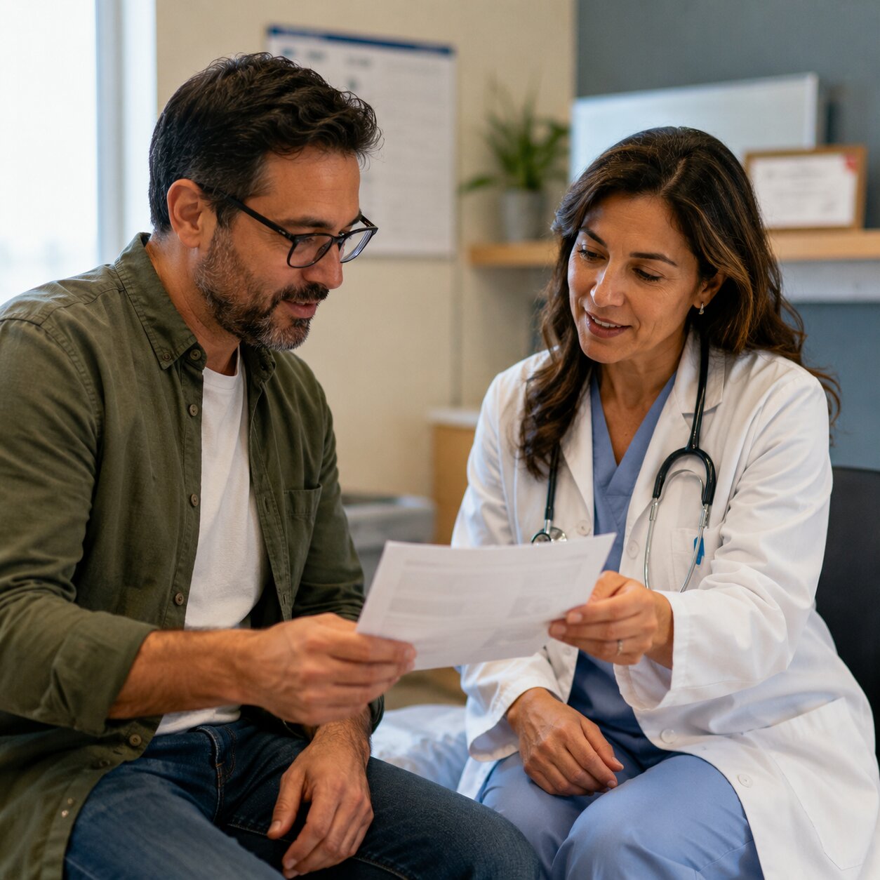 Patient showing a printed AI-generated results summary to their doctor during an in-person appointment
