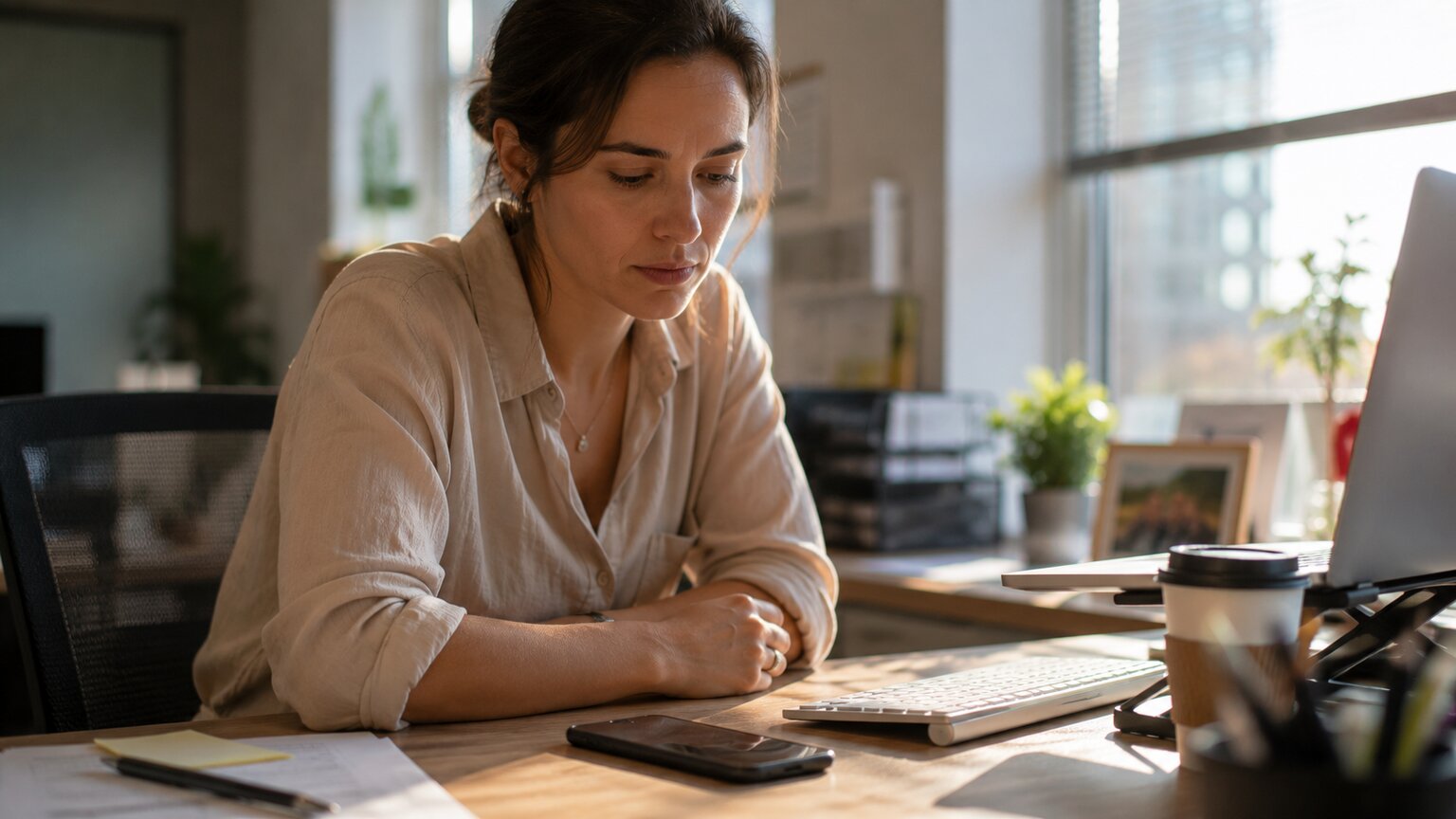 Person glancing at their phone while sitting at a work desk, checking for a missed call about test results