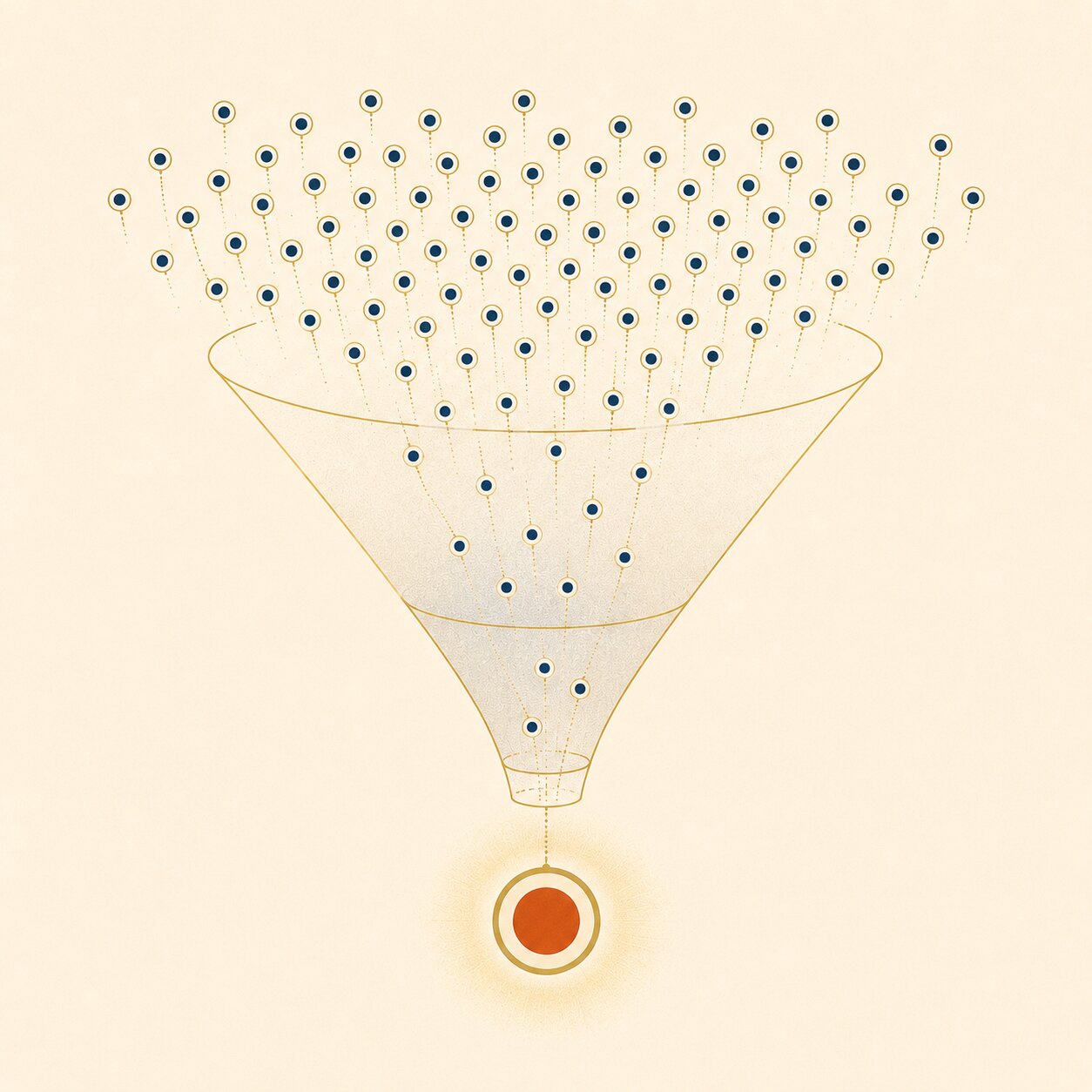 Editorial illustration of many lab result data points funneling down to a single highlighted urgent value