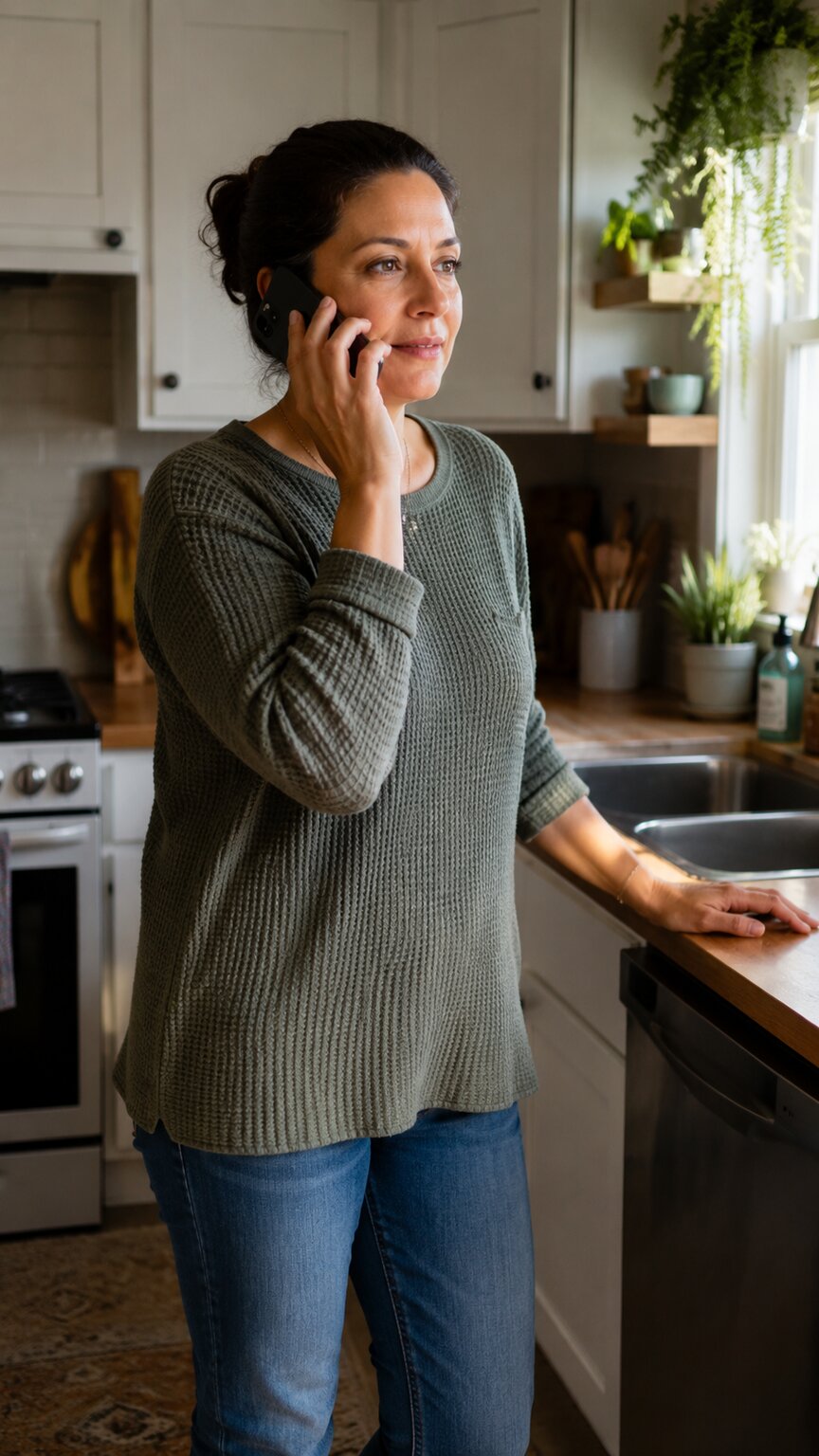 Person standing in a kitchen calmly making a phone call to their doctor's office to check on test results