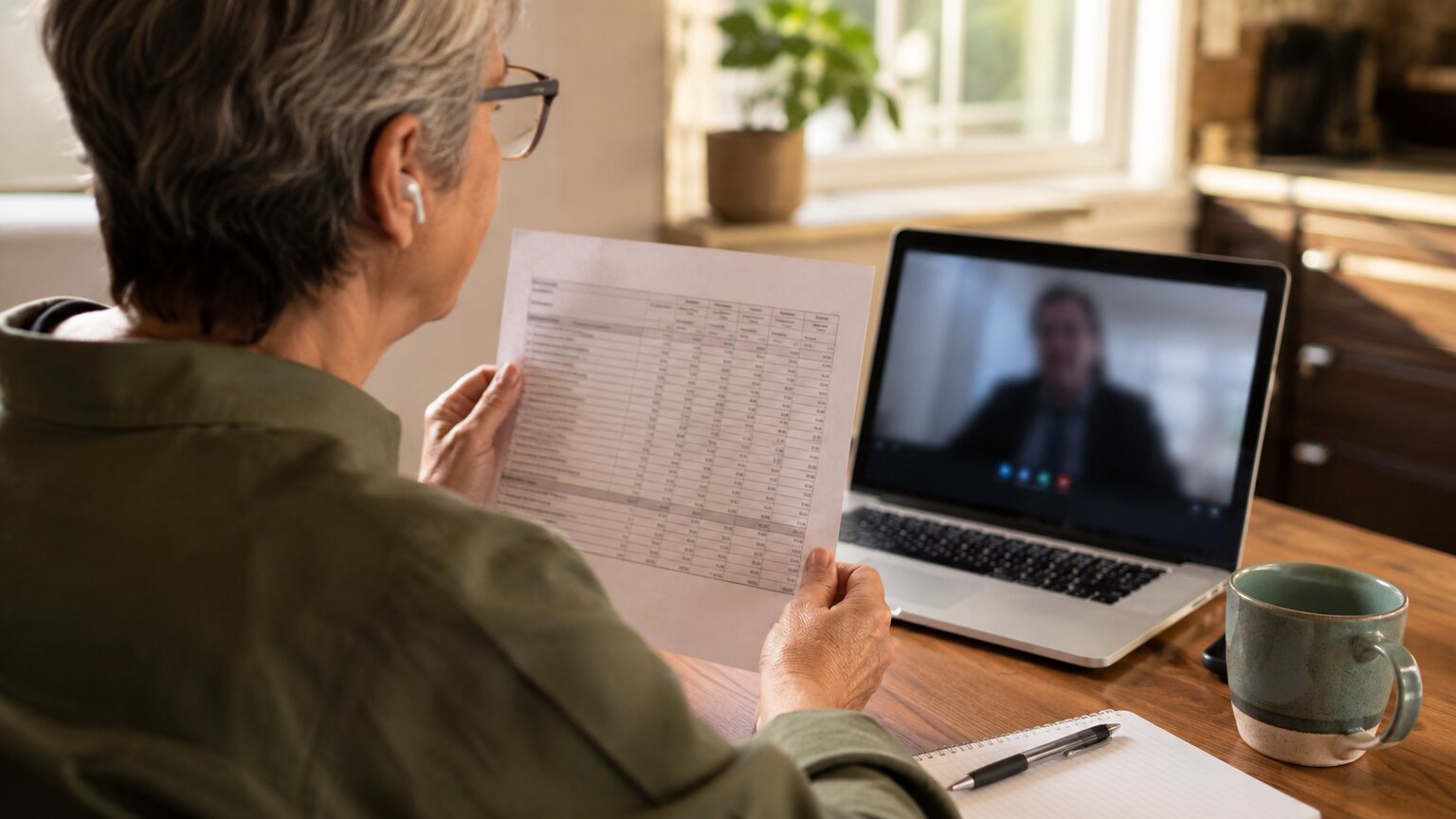 Over-the-shoulder view of a person on a laptop video call, holding up a printed lab report toward the camera