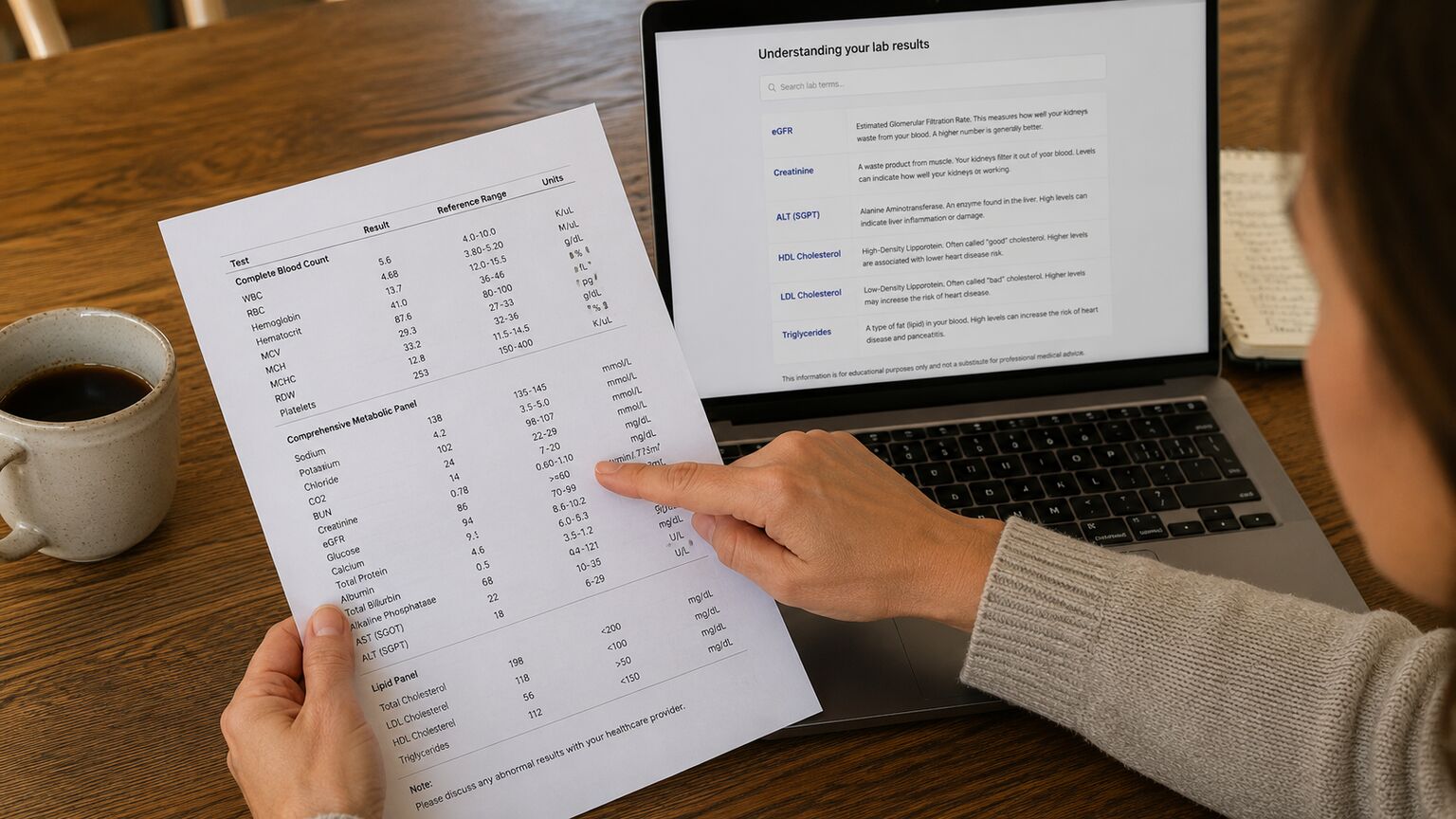 Person at a kitchen table cross-referencing a printed blood test report against search results on a laptop screen