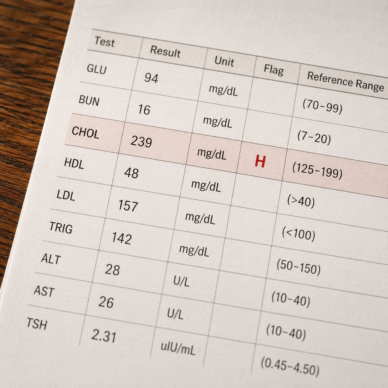 Close-up of a lab report showing the test name, result, unit, flag, and reference range columns lined up side by side