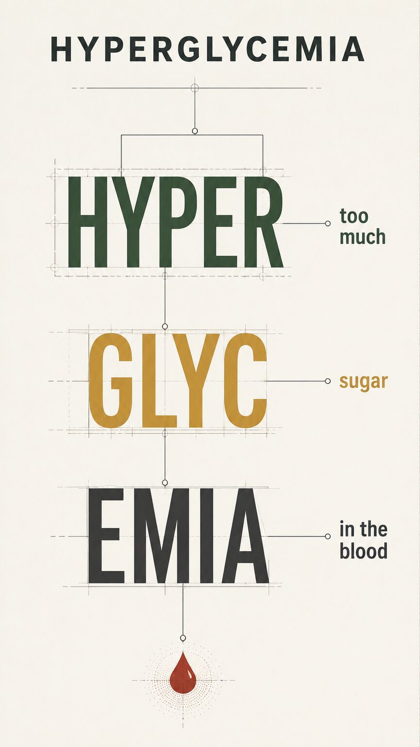 Editorial illustration breaking the medical term hyperglycemia apart into its prefix, root, and suffix building blocks