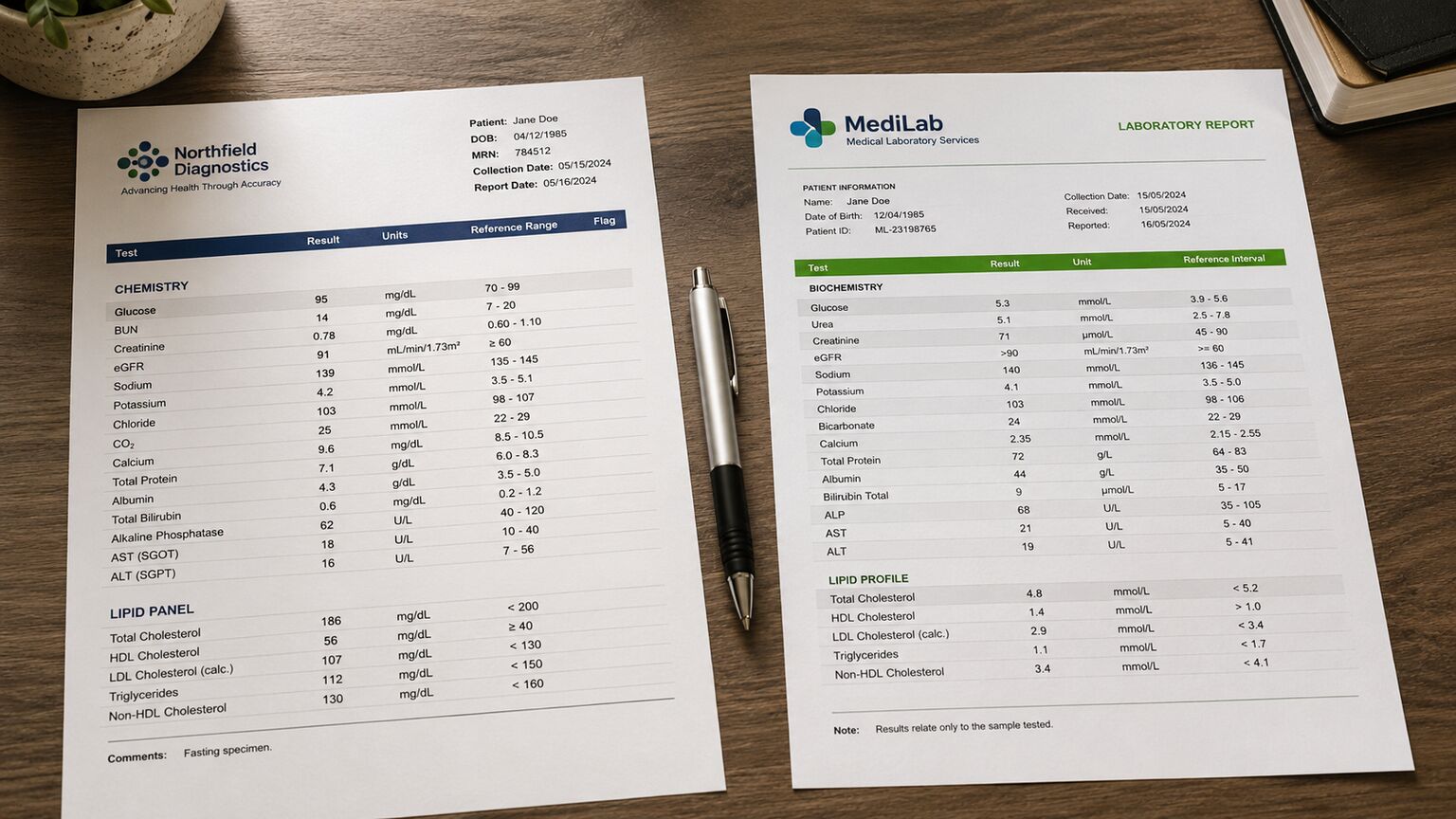 Two printed lab reports from different laboratories placed side by side showing different units and reference ranges