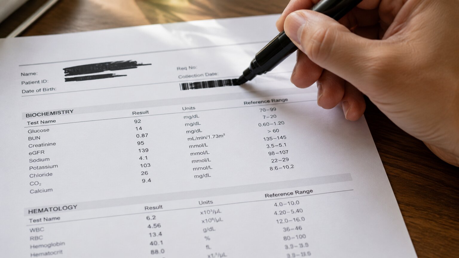 Close-up of a hand using a black marker to redact personal identifying information on a printed lab report before scanning it