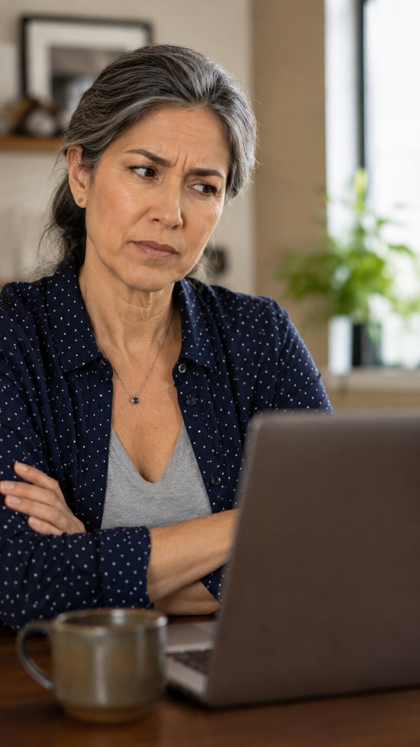 Person looking at a laptop screen with a skeptical, unconvinced expression while considering whether to trust a website