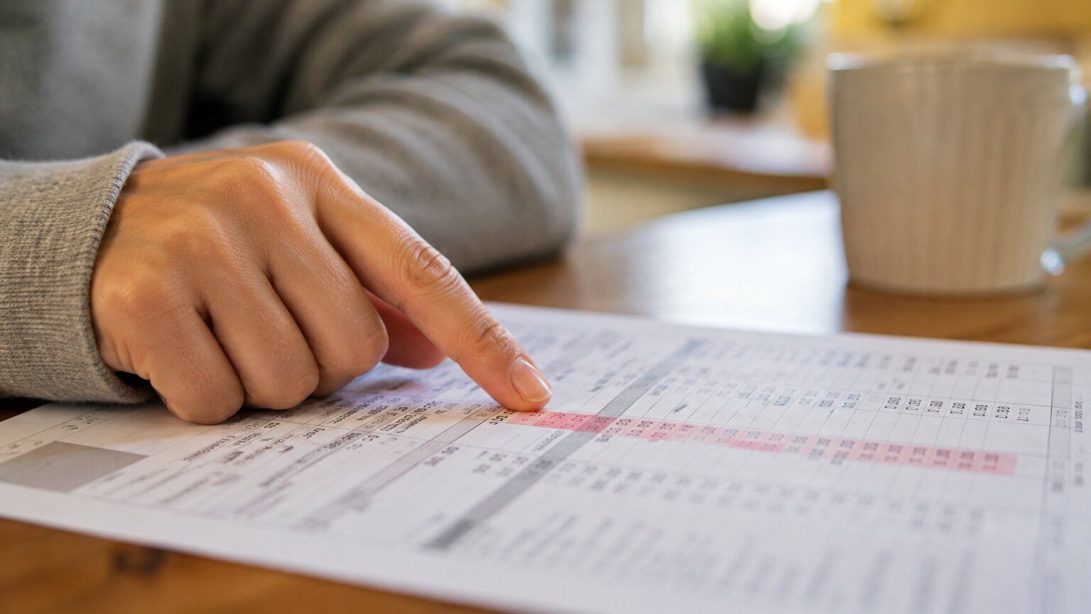 Close-up of a hand pointing to a single flagged value on a printed lab report at a kitchen table