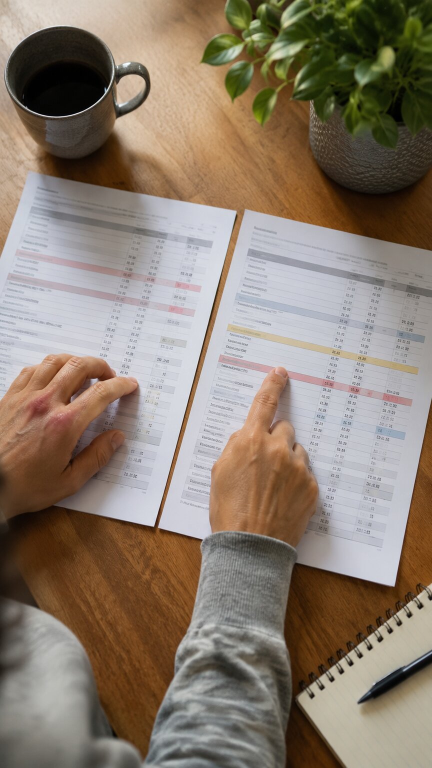 Hands laying two printed lab reports from different dates side by side on a table to compare values