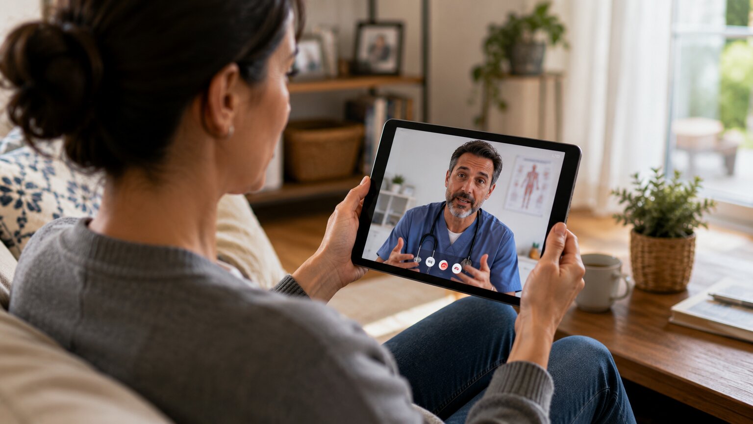 Person having a live video call with a doctor on a tablet, both visibly engaged in conversation about a lab report