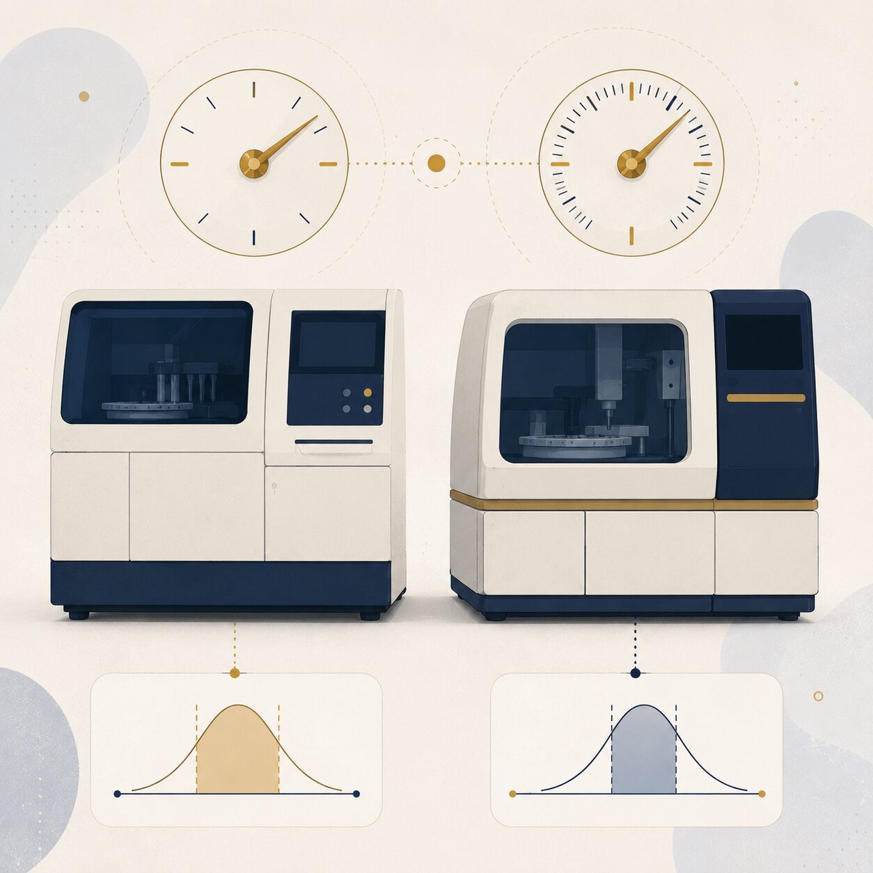 Editorial illustration of two different laboratory analyzer instruments with slightly different calibration scales, representing differing assay methods