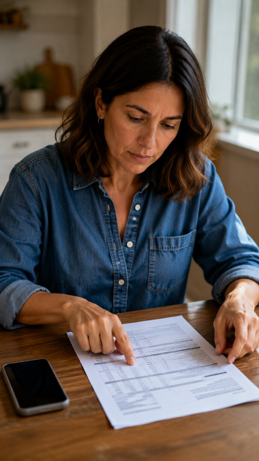 Person following along on their phone while reading a printed lab report line by line at a kitchen table