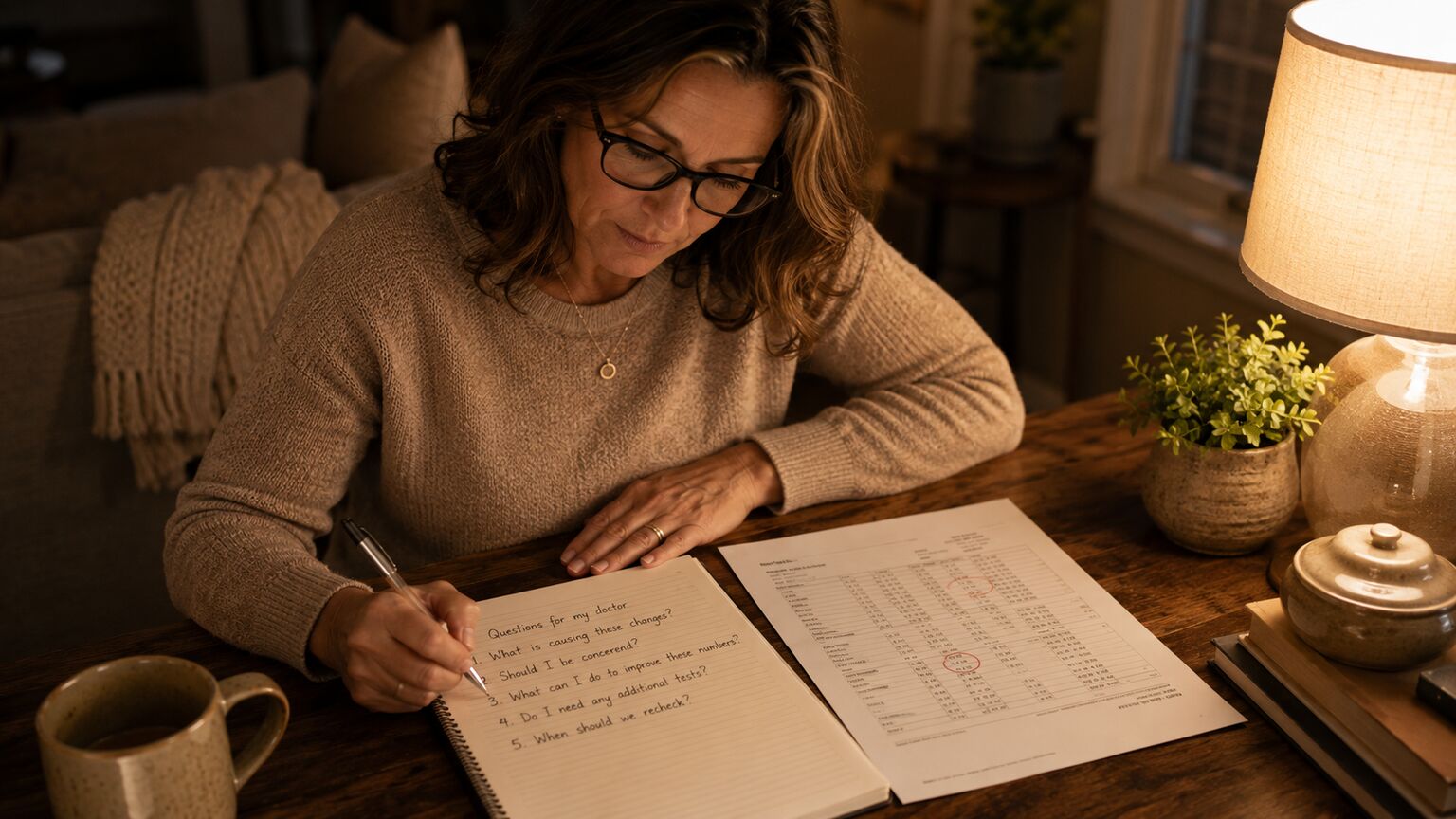 Person at home the evening before an appointment writing a short list of questions in a notebook beside a printed lab report