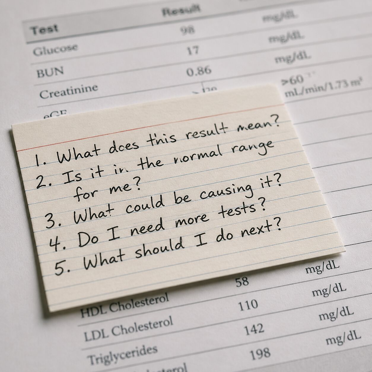 Close-up of a handwritten numbered list of questions on an index card resting on top of a printed lab report