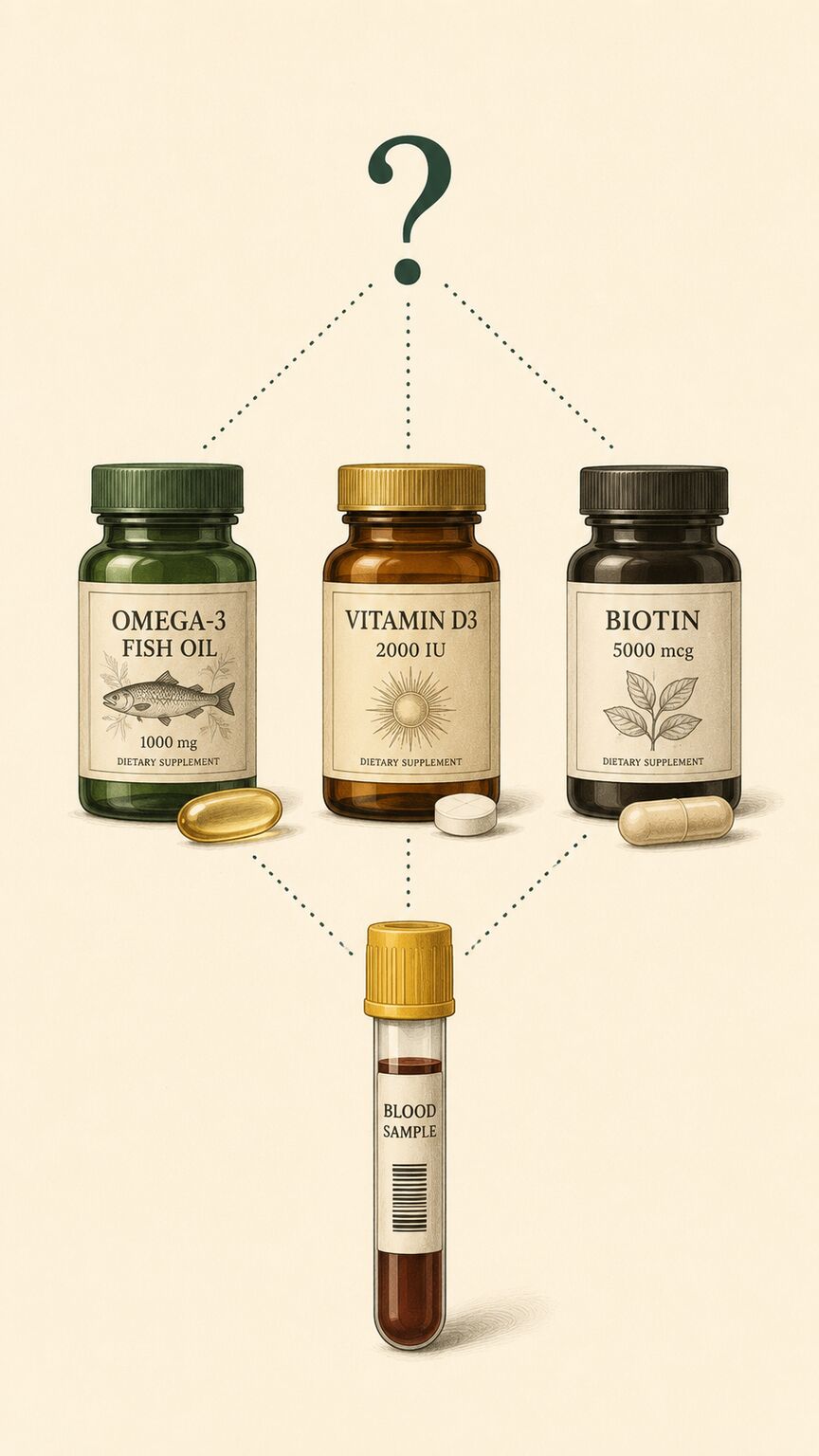 Editorial illustration of supplement bottles and a blood sample vial connected by a dotted line to a question mark, representing test interference