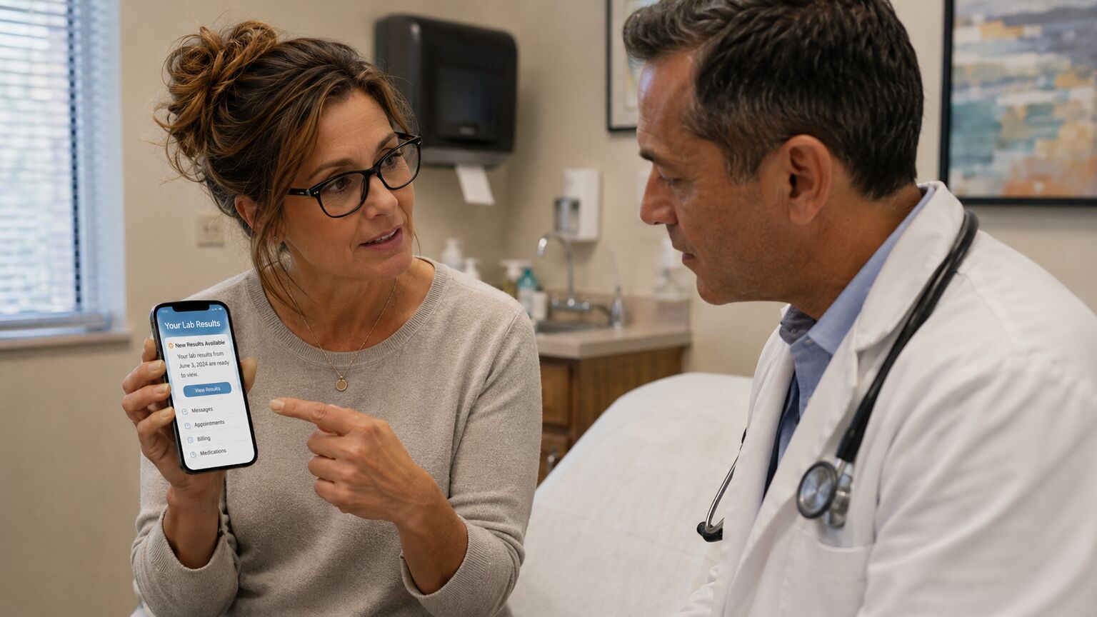 Patient in an exam room holding up a phone showing a lab portal notification while talking with their doctor