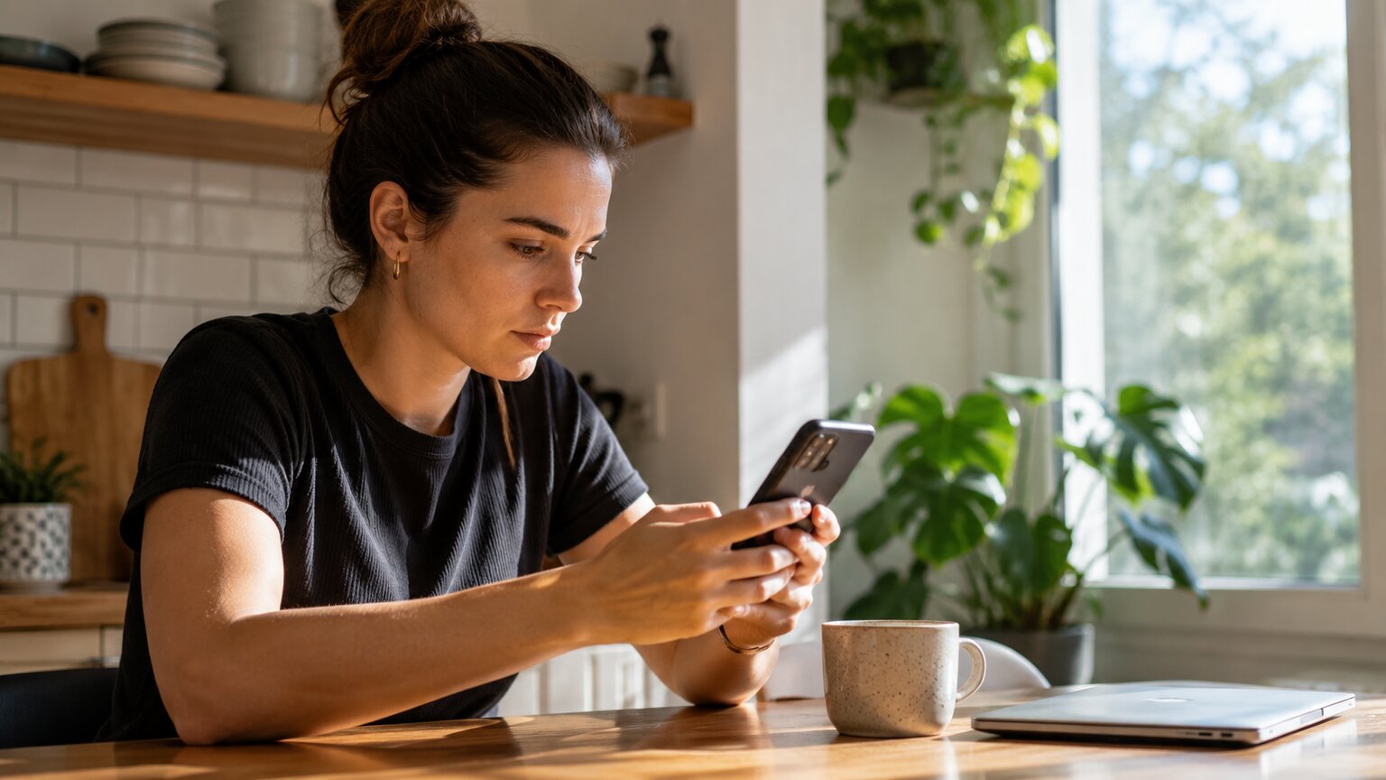 Person at a kitchen table in early morning light looking at a phone showing a new lab results portal notification