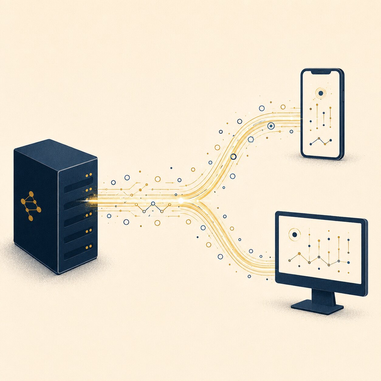 Editorial illustration of a lab report data stream splitting automatically toward both a phone and a physician's desk at once