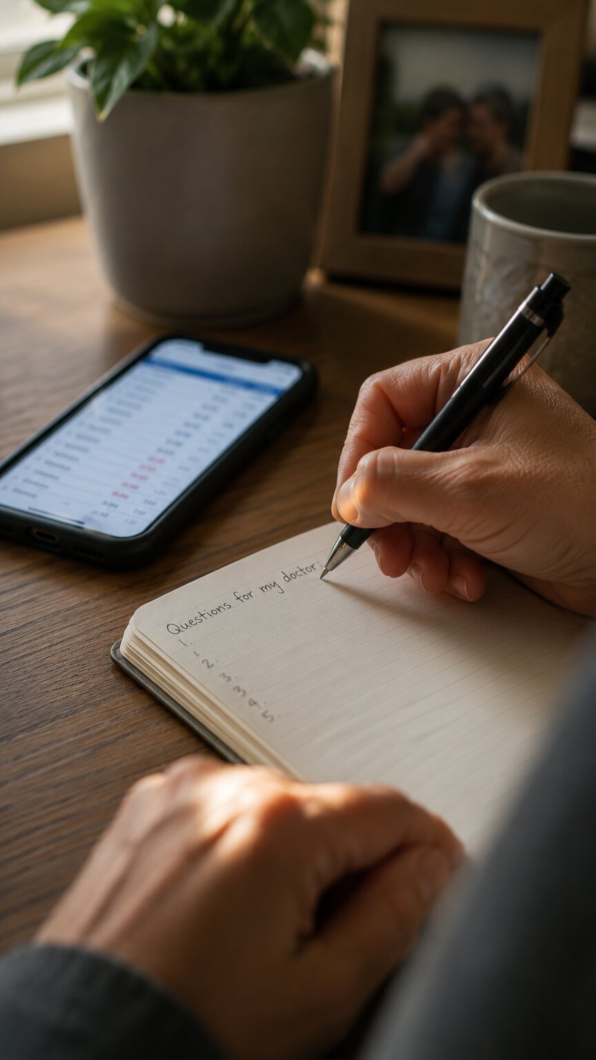 Close-up of a hand writing a list of questions in a notebook beside a phone displaying lab result numbers