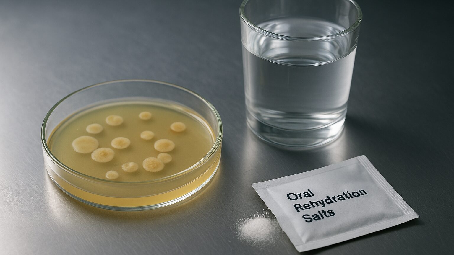A laboratory petri dish showing bacterial colony growth from a stool culture, placed beside a glass of water and an oral rehydration packet on a clean lab bench