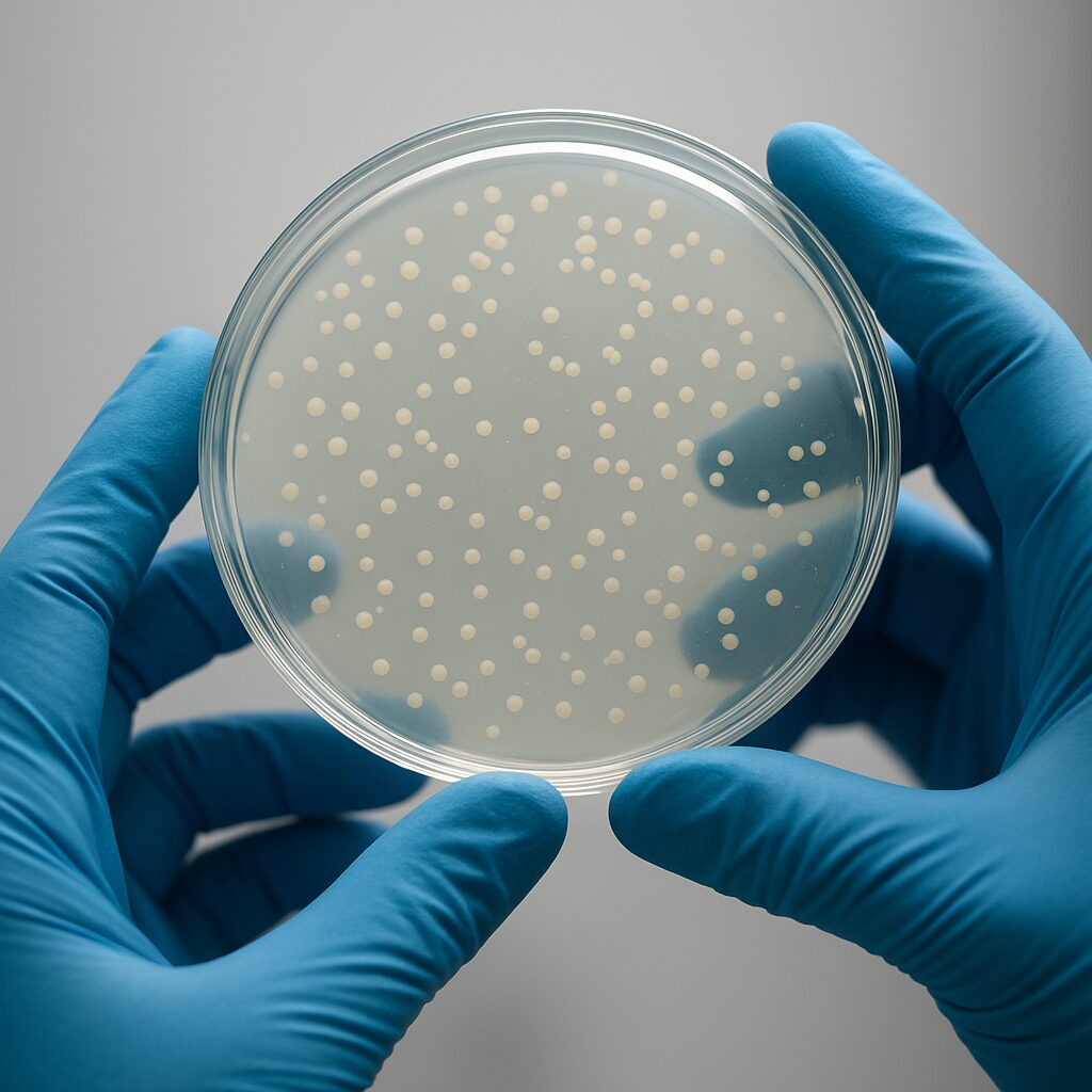 Gloved hands holding a petri dish up to laboratory light to examine round bacterial colonies growing on agar