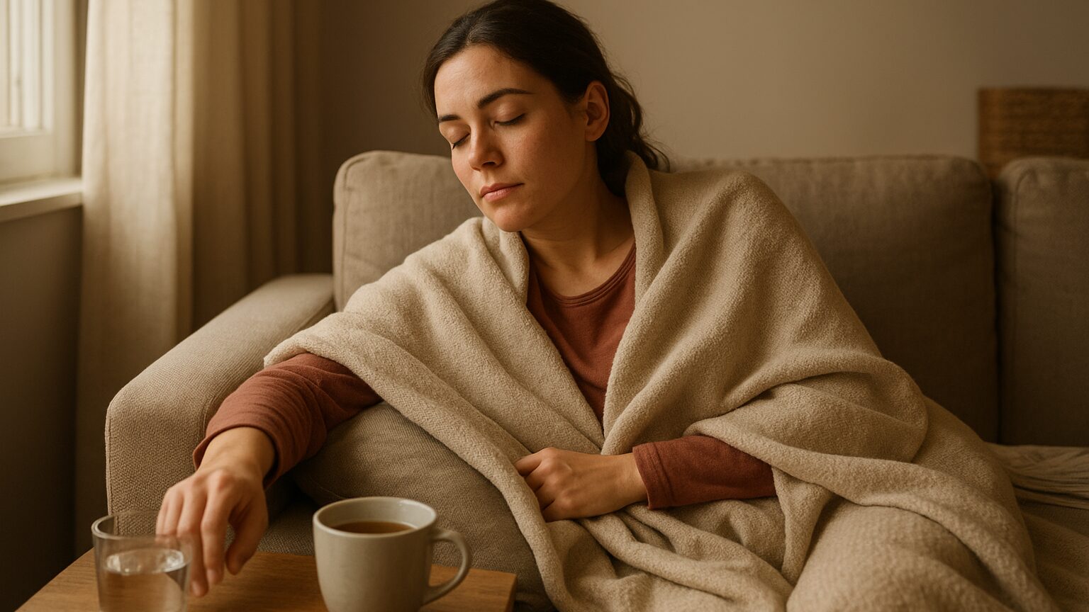 A person in their 30s resting on a couch at home with a mug of tea and a glass of water nearby, recovering from a stomach illness in soft morning light