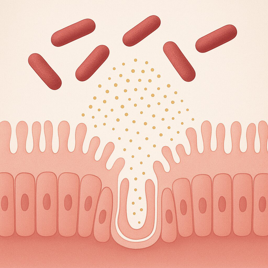 Scientific illustration of rod-shaped E. coli bacteria releasing toxin particles inside the lining of the intestine