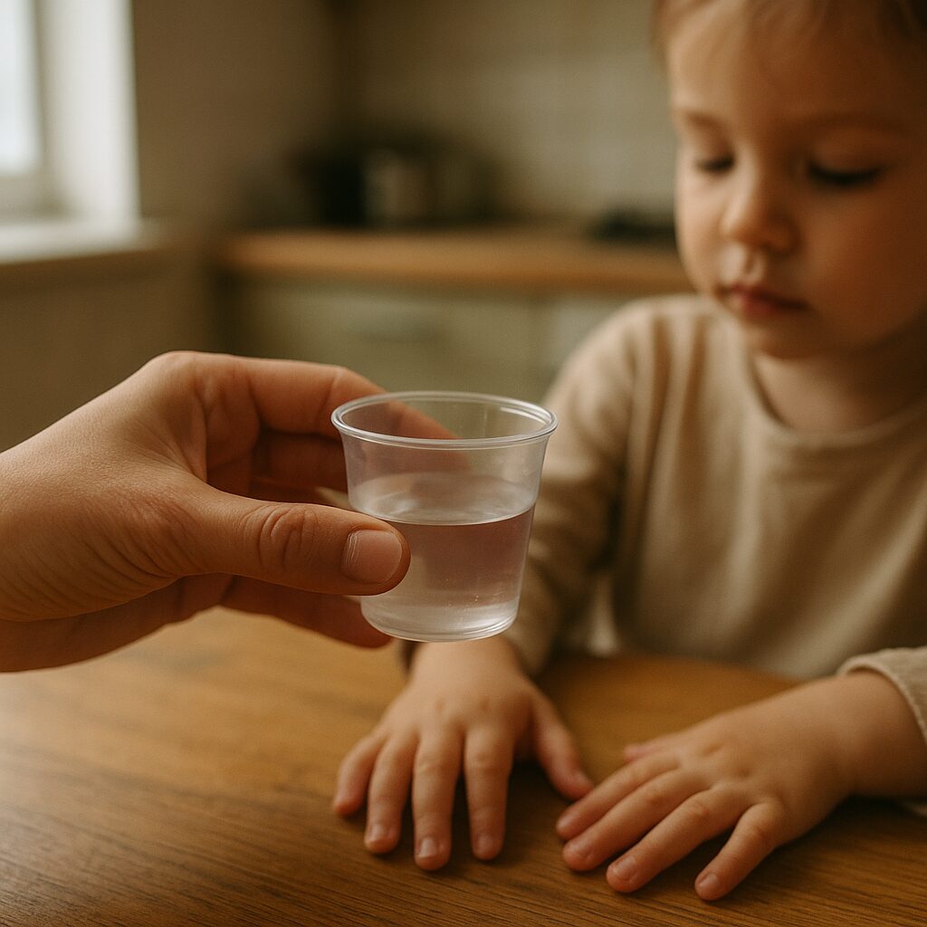 A parent's hand offering a small cup of water to a young child sitting at a kitchen table