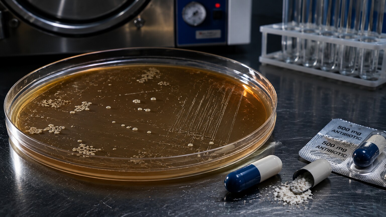 Laboratory petri dish showing sparse, patchy bacterial colonies next to opened antibiotic capsules on a lab bench