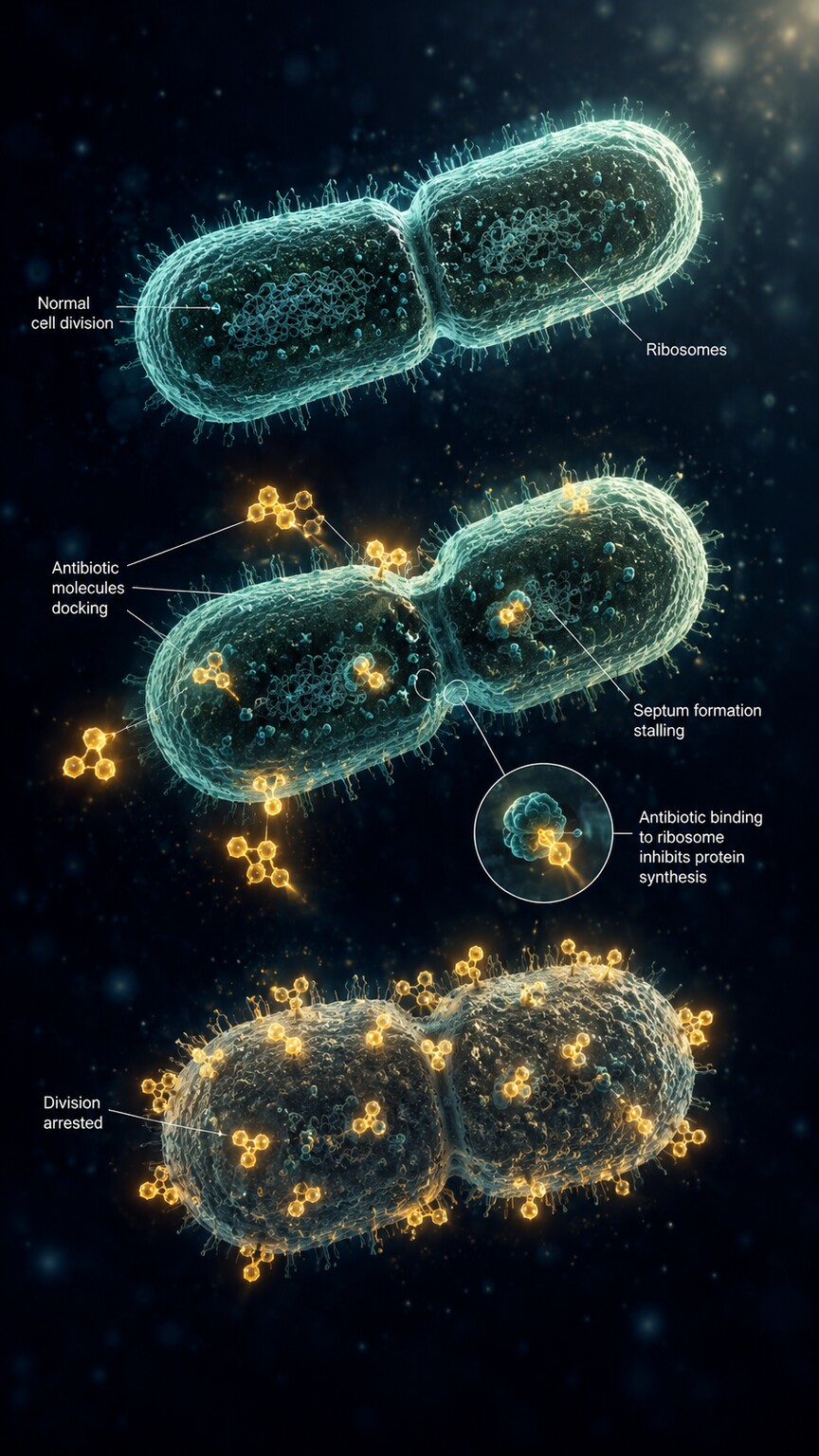Scientific illustration of antibiotic molecules binding to rod-shaped gut bacteria and halting their ability to divide
