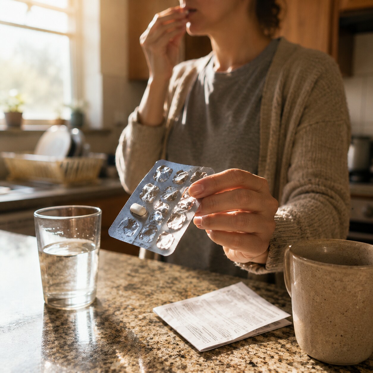 Person at a kitchen counter swallowing the last pill from an antibiotic blister pack with a glass of water nearby