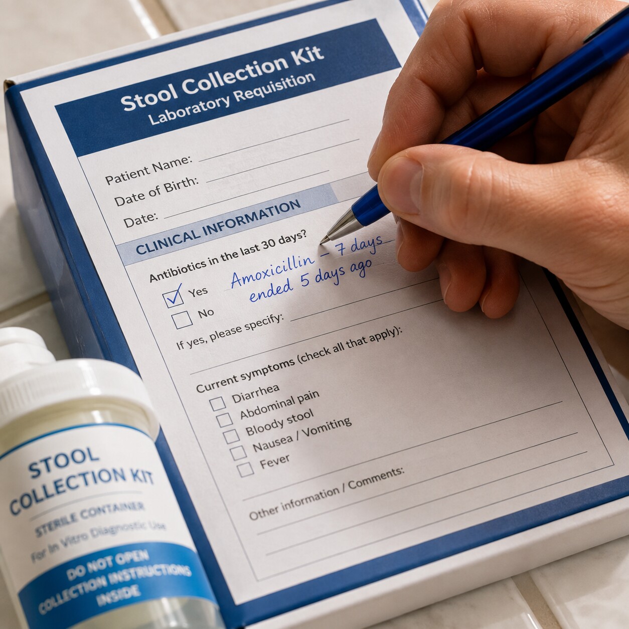 Close-up of a hand filling out the antibiotic history section on a stool sample collection kit requisition form